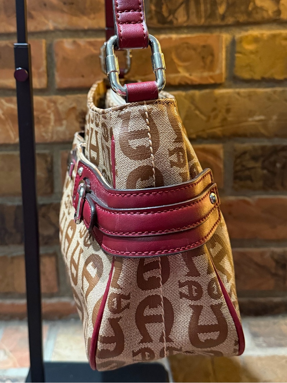 Etienne Aigner Monogram Canvas Hobo Bag with Burgundy Leather Accent EUC - Picture 3 of 10